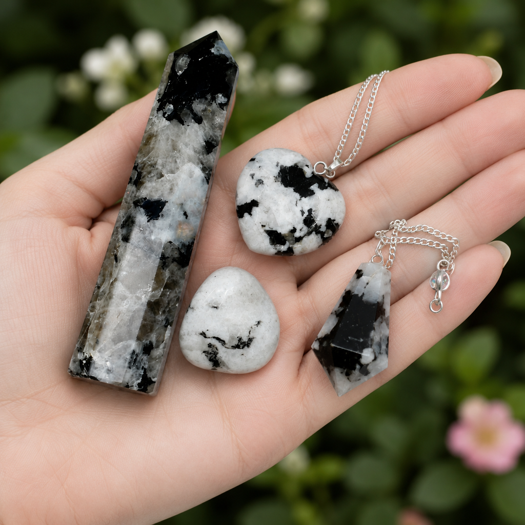 Rainbow Moonstone Crystal Gift Set For Emotional Support and Protection, Real Polished Gemstones. | Merkaba & Platonic Solids | Wiccan Center