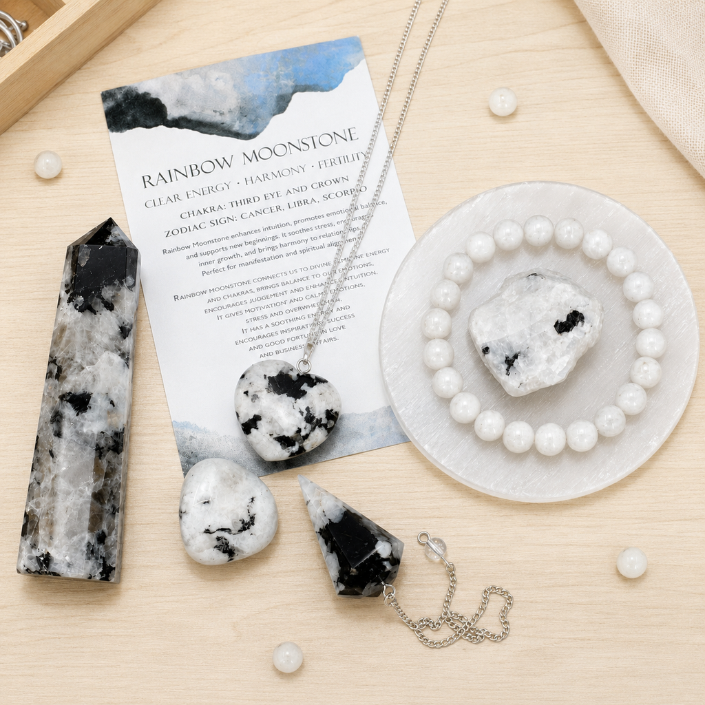Rainbow Moonstone Crystal Gift Set For Emotional Support and Protection, Real Polished Gemstones. | Merkaba & Platonic Solids | Wiccan Center