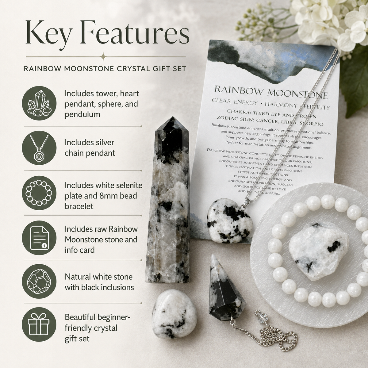 Rainbow Moonstone Crystal Gift Set For Emotional Support and Protection, Real Polished Gemstones. | Merkaba & Platonic Solids | Wiccan Center