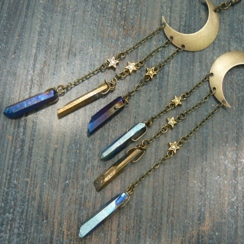 Rainbow Titanium Quartz Moon Earrings | earrings | Wiccan Center