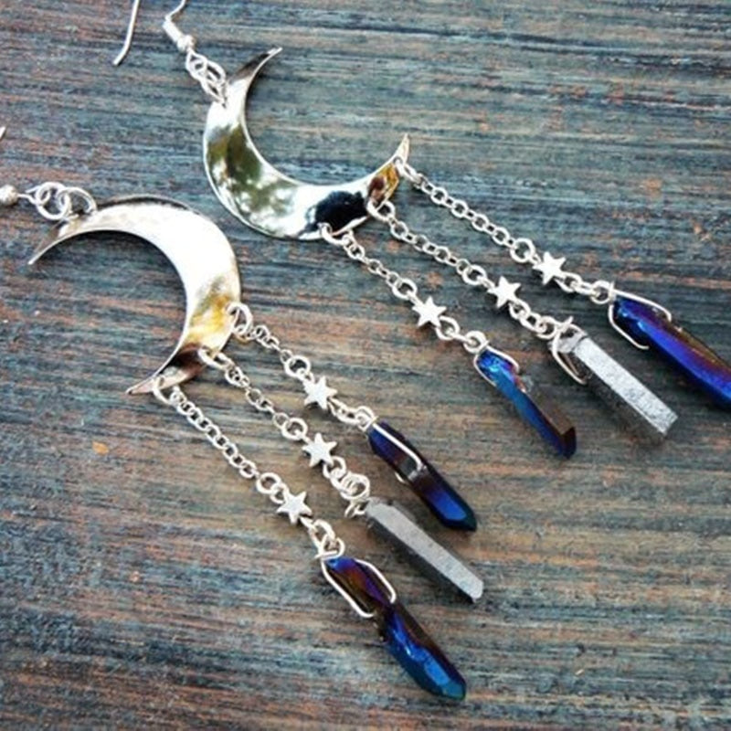 Rainbow Titanium Quartz Moon Earrings | earrings | Wiccan Center