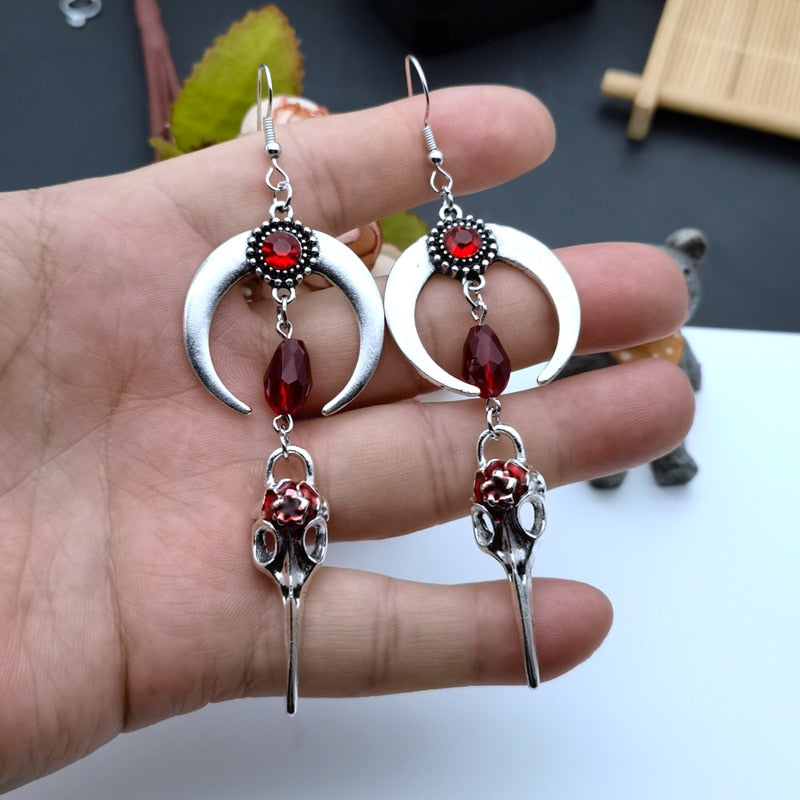 Red Gem Raven Skull Moon Earrings | earrings | Wiccan Center