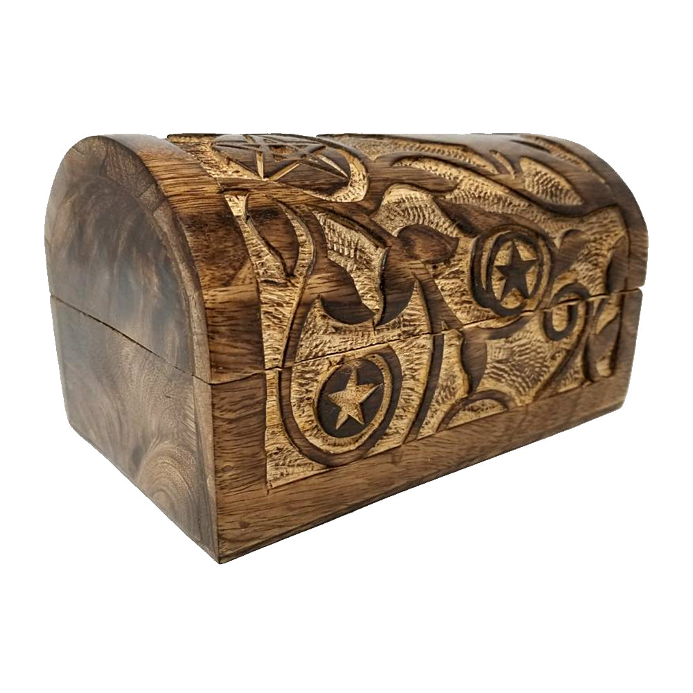 Raven & Pentagram Carved Round Top Wood Box | Wood Box | Wiccan Center