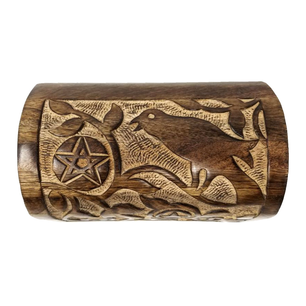 Raven & Pentagram Carved Round Top Wood Box | Wood Box | Wiccan Center