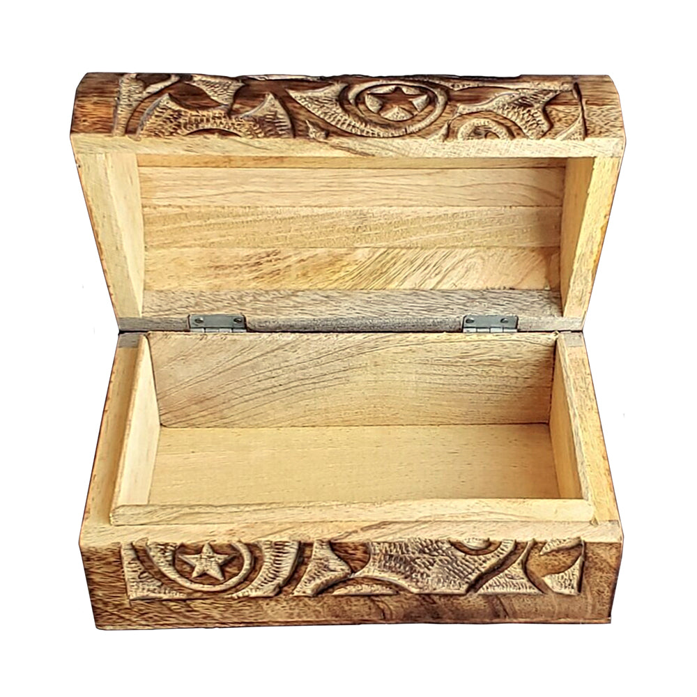 Raven & Pentagram Carved Round Top Wood Box | Wood Box | Wiccan Center