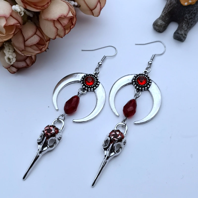 Red Gem Raven Skull Moon Earrings | earrings | Wiccan Center