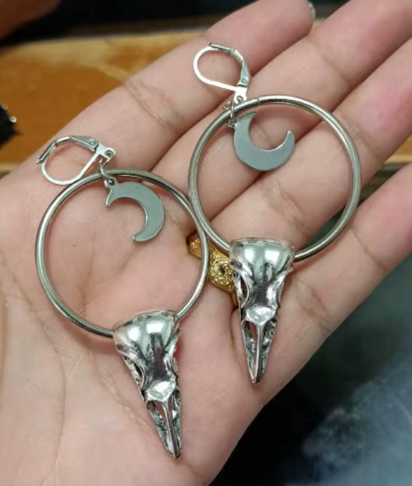 Crow Skull Crescent Moon Earrings | earrings | Wiccan Center