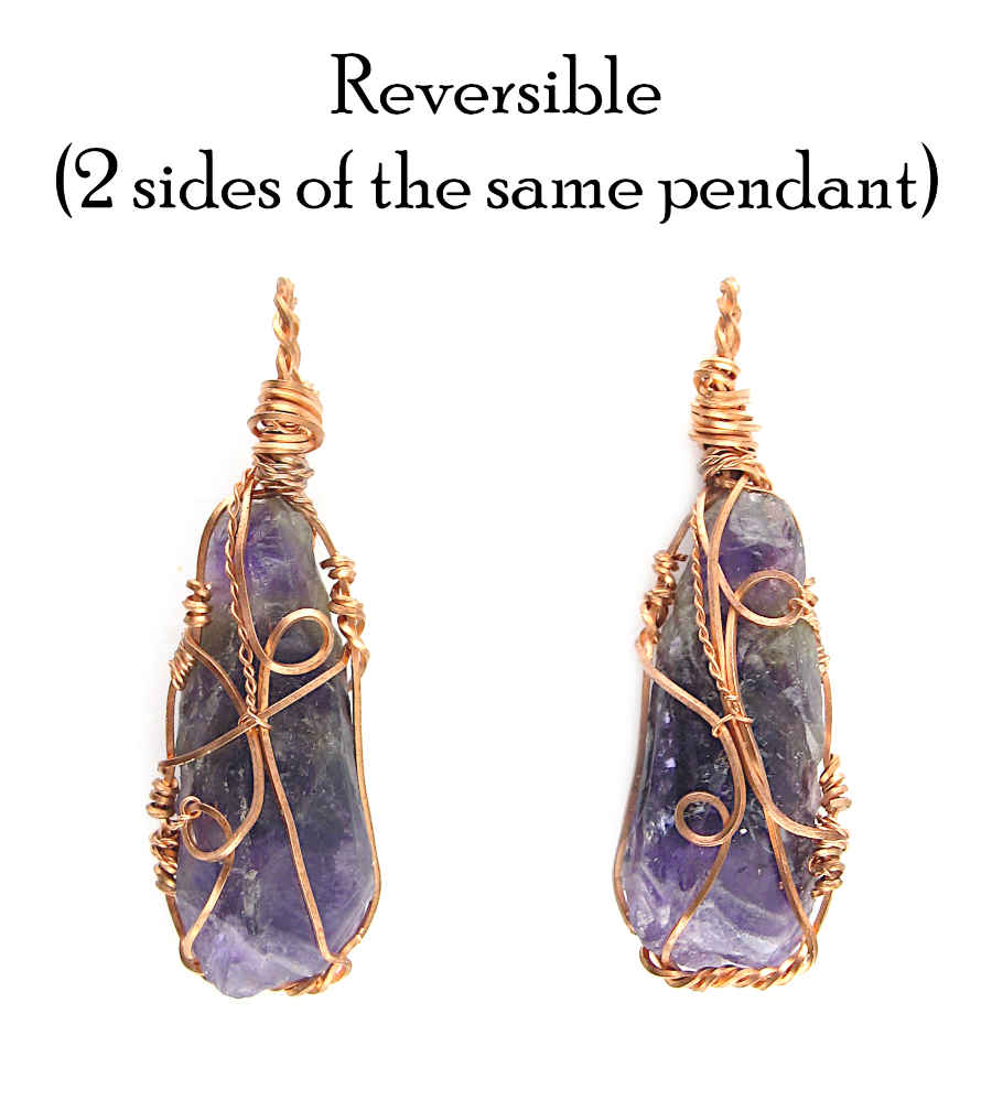 Raw Dark Purple Amethyst Crystal Reversible Pendant Necklace, Copper Wire-Wrapped, Handmade | Handmade > Wire-wrapped gemstones | Wiccan Center