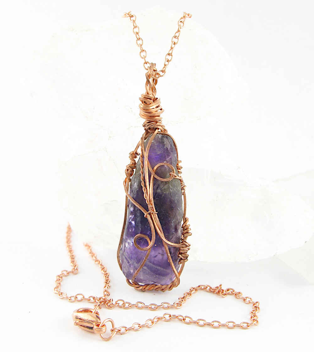 Raw Dark Purple Amethyst Crystal Reversible Pendant Necklace, Copper Wire-Wrapped, Handmade | Handmade > Wire-wrapped gemstones | Wiccan Center