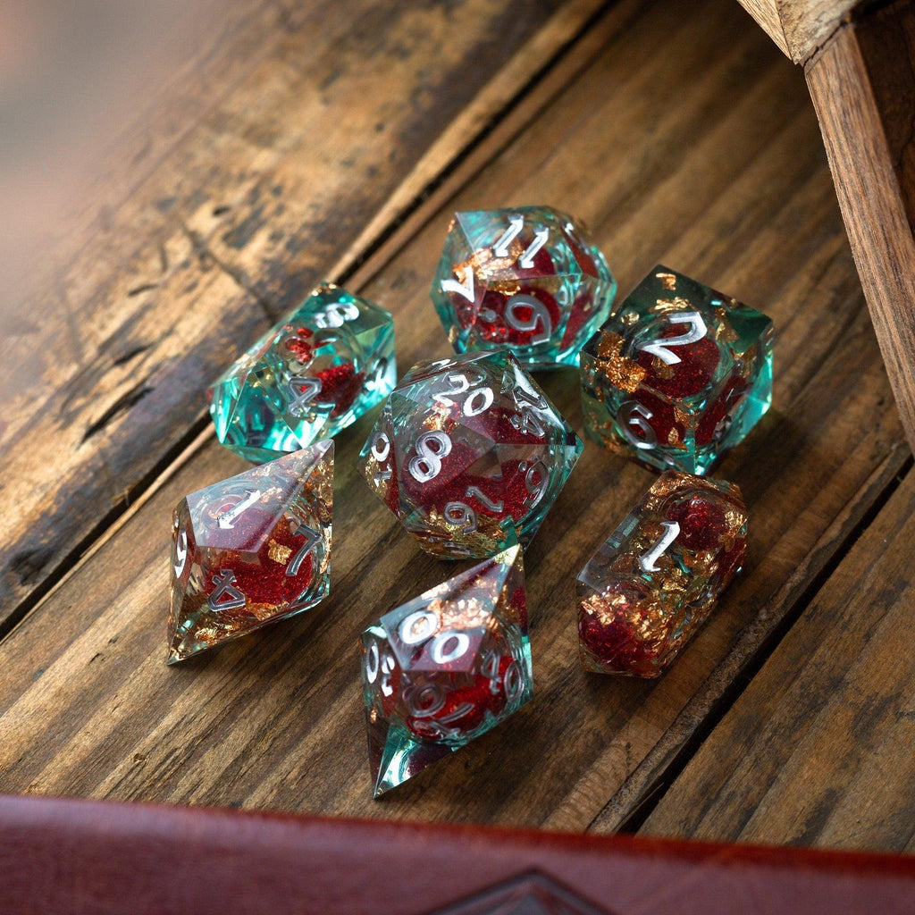 Red And Gold Glitter Liquid Core Handmade Resin DND Dice Set | Liquid Core Dice | Wiccan Center