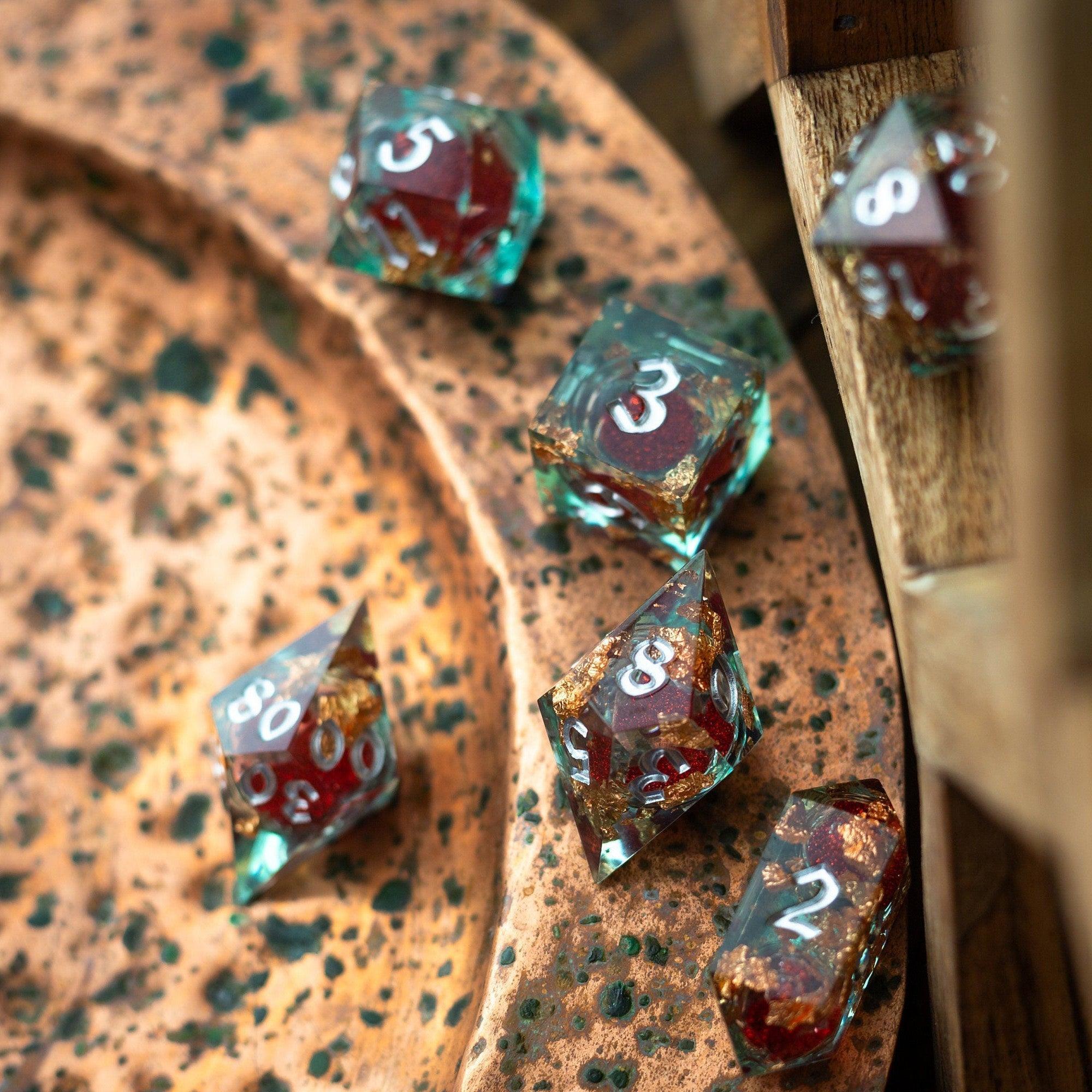 Red And Gold Glitter Liquid Core Handmade Resin DND Dice Set | Liquid Core Dice | Wiccan Center