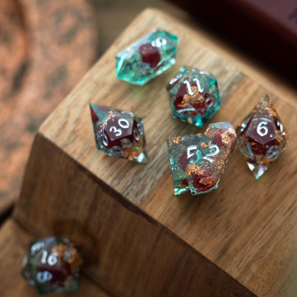 Red And Gold Glitter Liquid Core Handmade Resin DND Dice Set | Liquid Core Dice | Wiccan Center