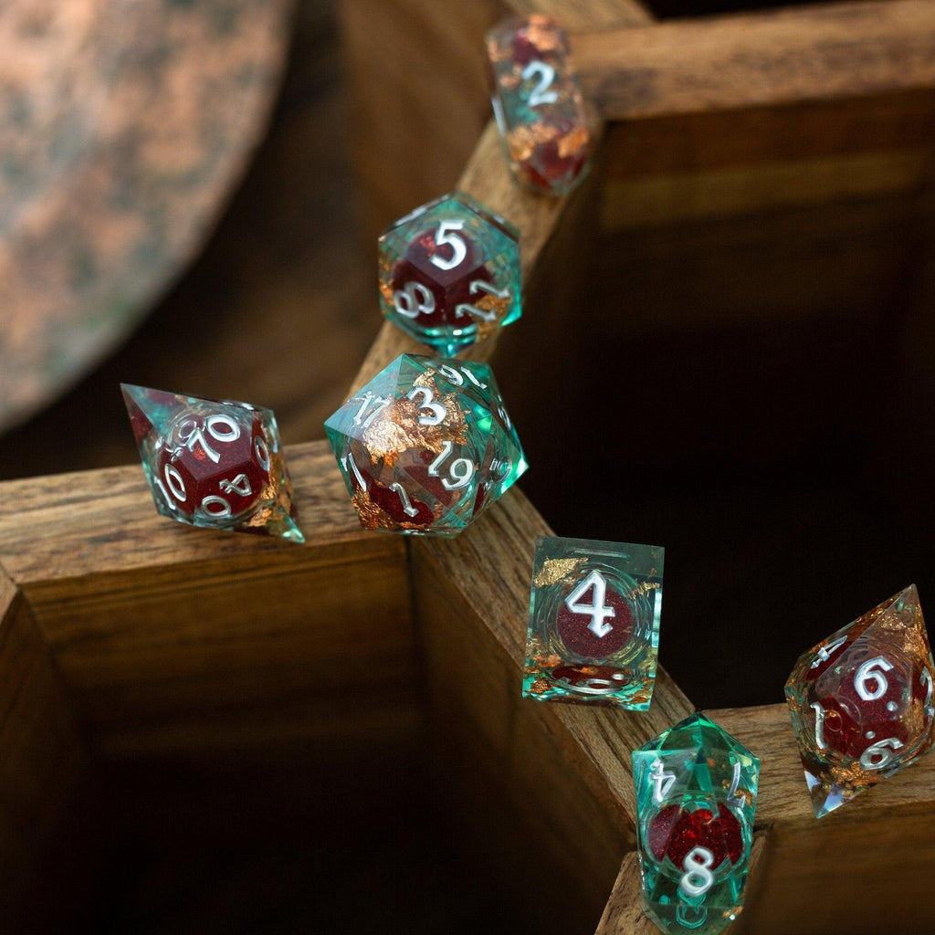 Red And Gold Glitter Liquid Core Handmade Resin DND Dice Set | Liquid Core Dice | Wiccan Center