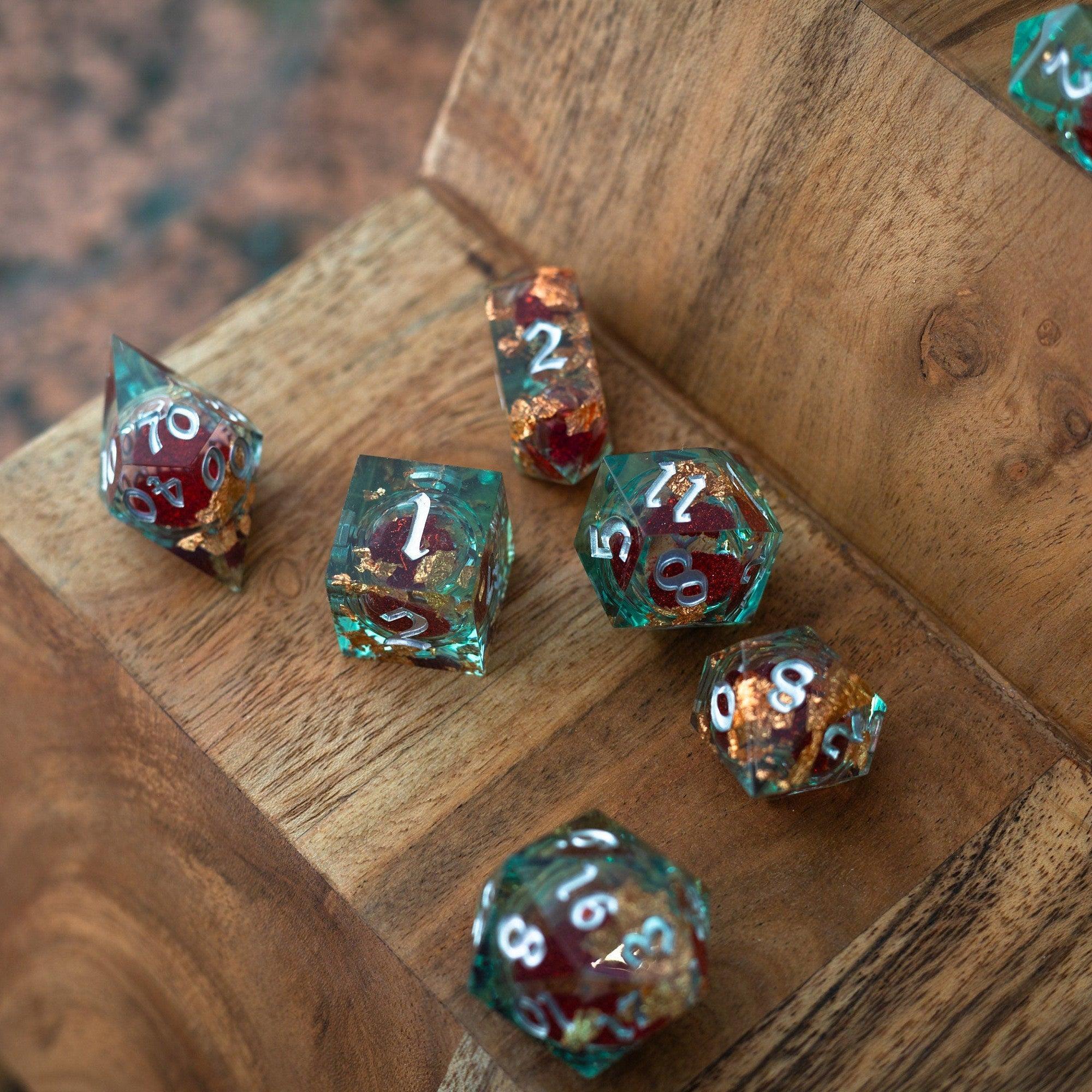 Red And Gold Glitter Liquid Core Handmade Resin DND Dice Set | Liquid Core Dice | Wiccan Center