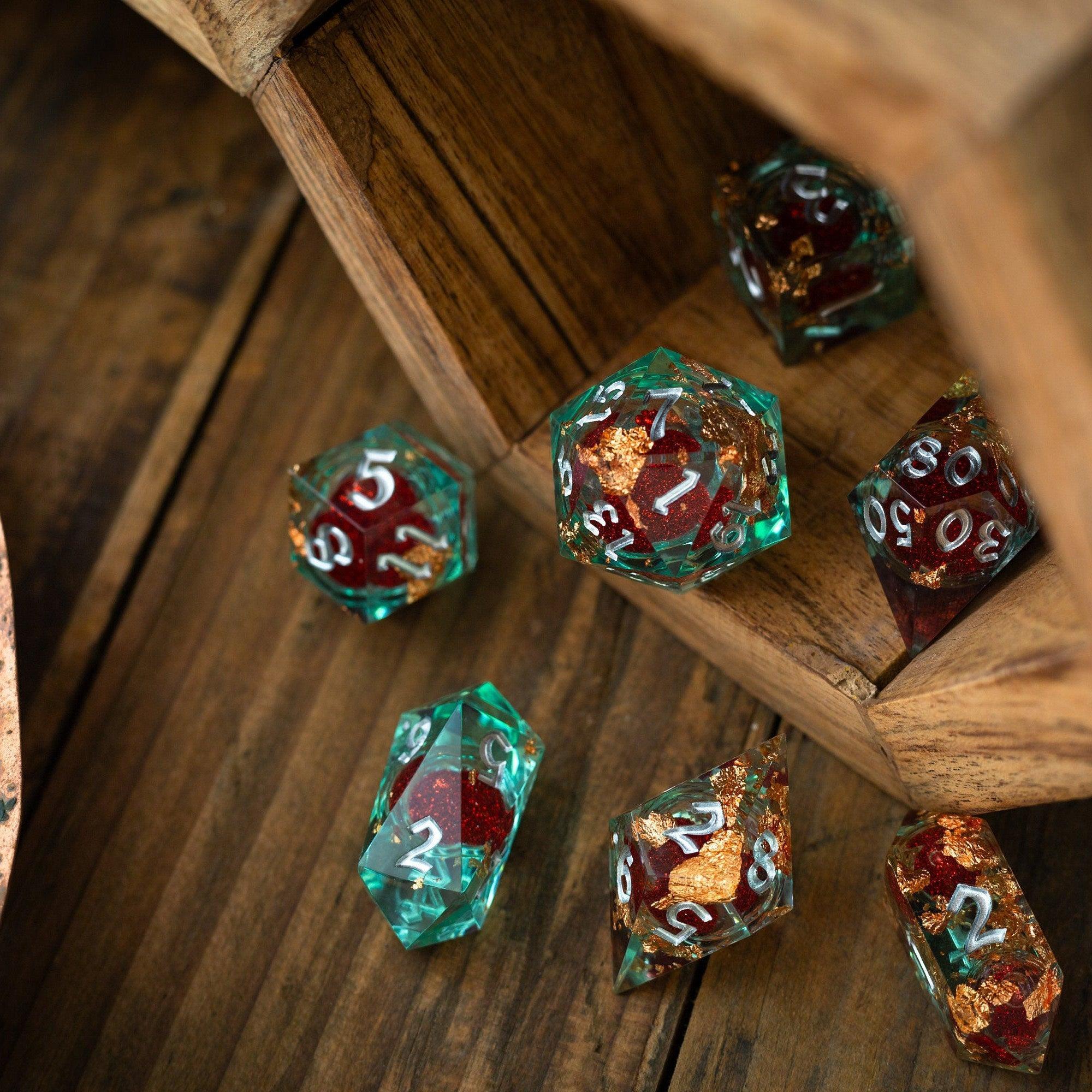 Red And Gold Glitter Liquid Core Handmade Resin DND Dice Set | Liquid Core Dice | Wiccan Center