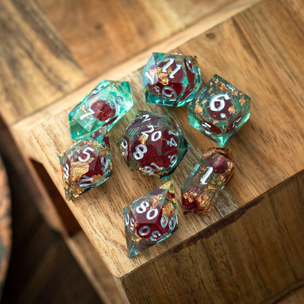 Red And Gold Glitter Liquid Core Handmade Resin DND Dice Set | Liquid Core Dice | Wiccan Center