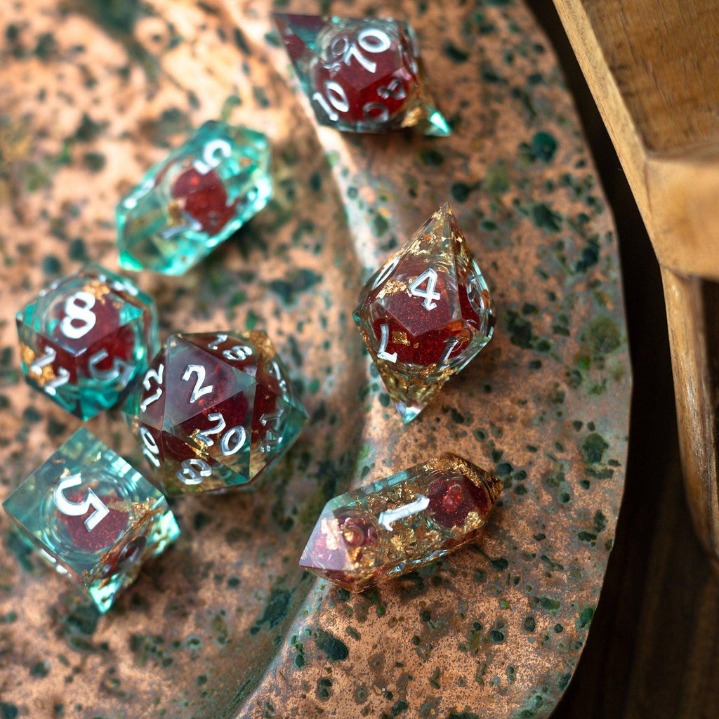 Red And Gold Glitter Liquid Core Handmade Resin DND Dice Set | Liquid Core Dice | Wiccan Center