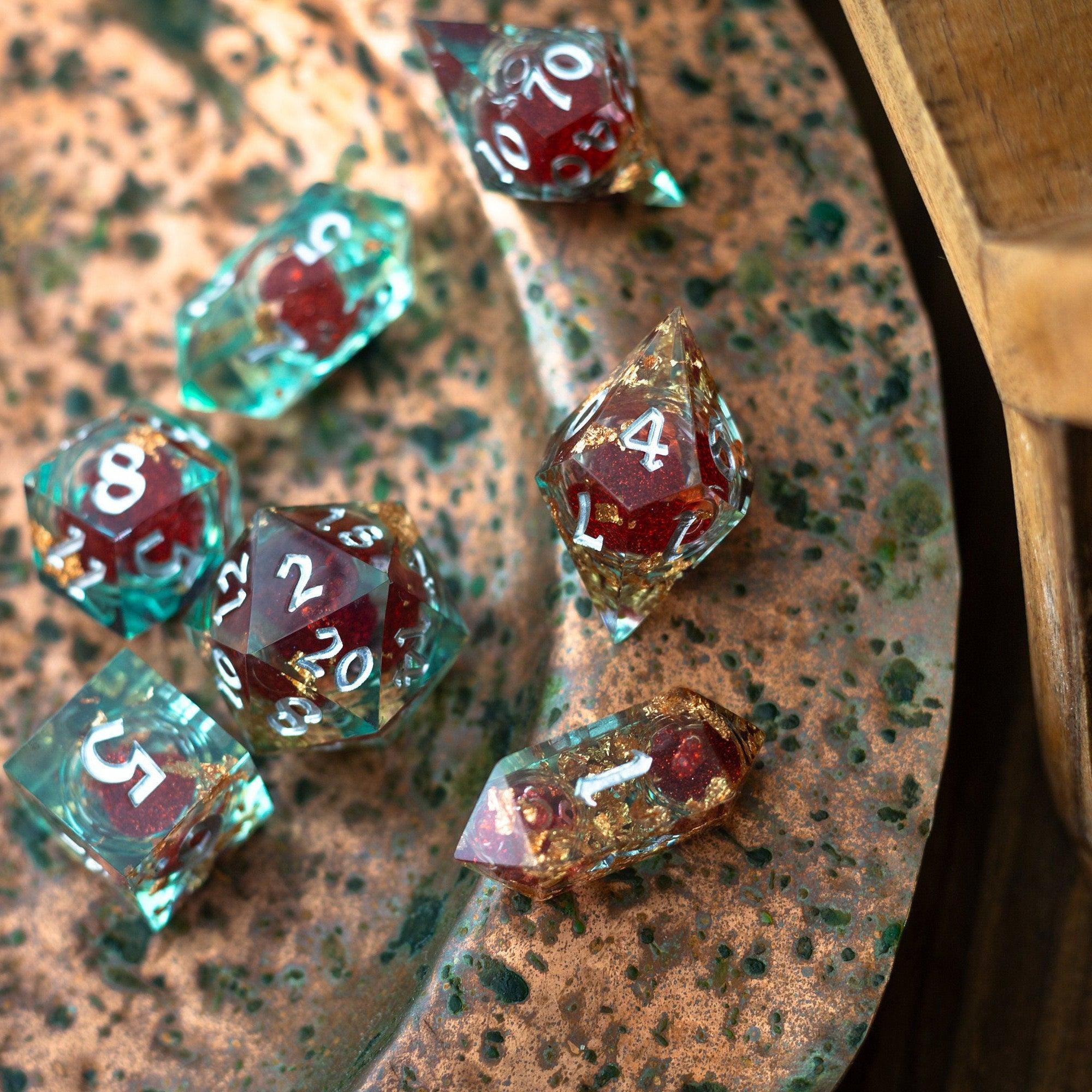 Red And Gold Glitter Liquid Core Handmade Resin DND Dice Set | Liquid Core Dice | Wiccan Center