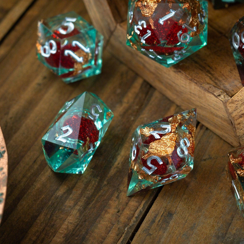 Red And Gold Glitter Liquid Core Handmade Resin DND Dice Set | Liquid Core Dice | Wiccan Center