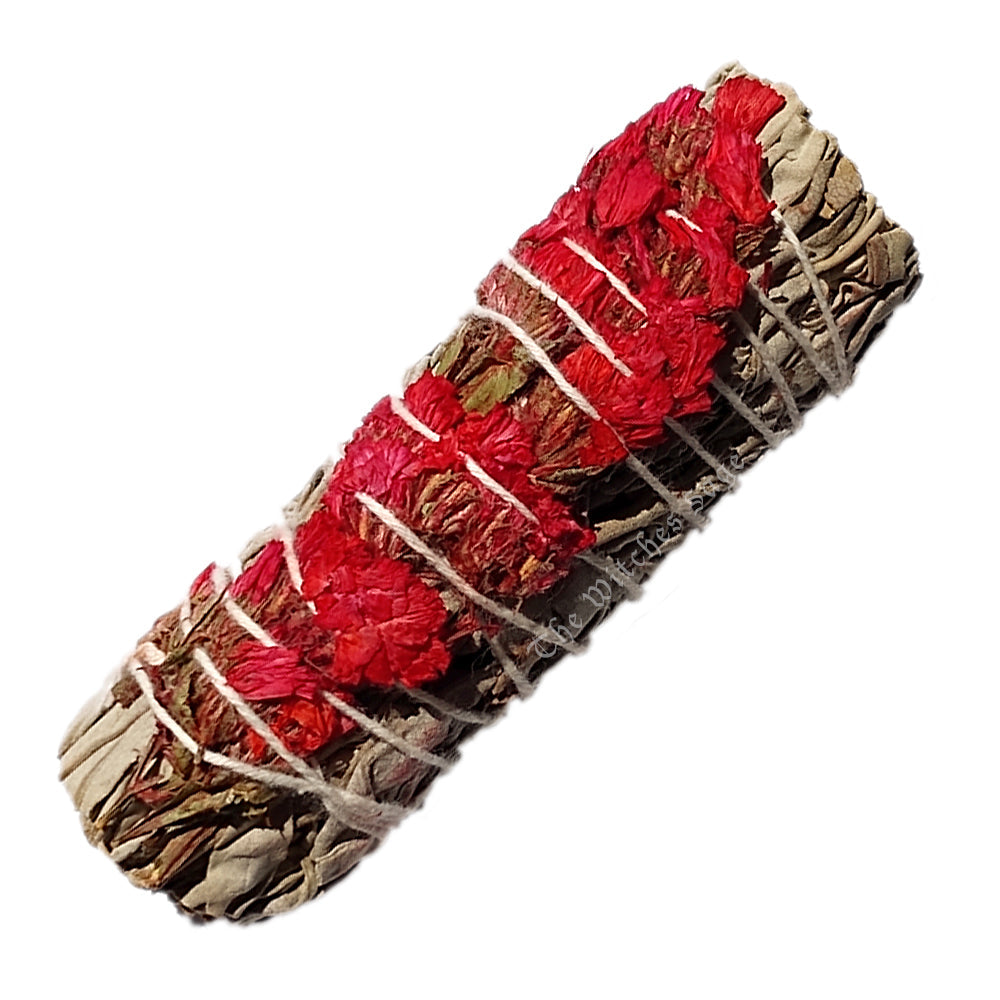 Red Sinuata Flowers with White Sage Smudge Stick 3-4" | smudge sticks | Wiccan Center
