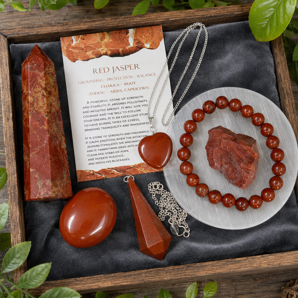 Red Jasper Crystal Gift Set For Emotional Support and Protection, Real Polished Gemstones. | Merkaba & Platonic Solids | Wiccan Center