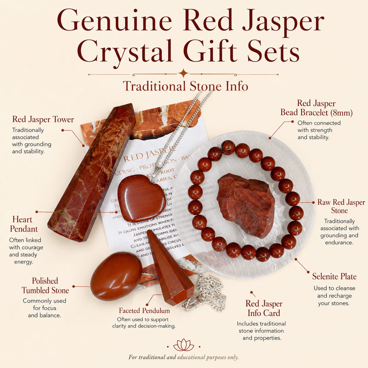 Red Jasper Crystal Gift Set For Emotional Support and Protection, Real Polished Gemstones. | Merkaba & Platonic Solids | Wiccan Center