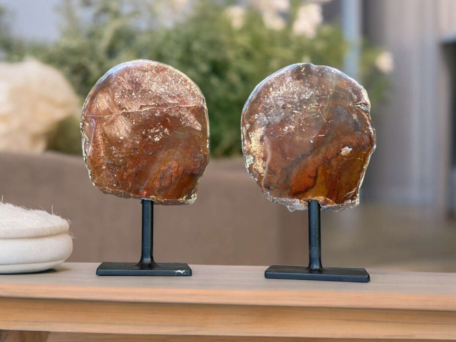 Red Jasper Slice on Stand SET, 7 in Tall Crystals in metallic base, Unique home decoration, rare finds mineral formations | Stalactite Eye Display | Wiccan Center