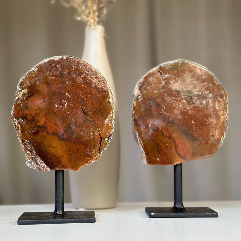 Red Jasper Slice on Stand SET, 7 in Tall Crystals in metallic base, Unique home decoration, rare finds mineral formations | Stalactite Eye Display | Wiccan Center