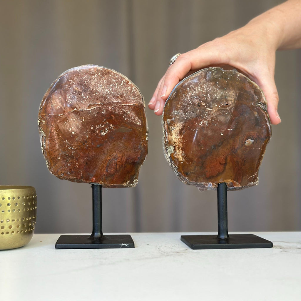 Red Jasper Slice on Stand SET, 7 in Tall Crystals in metallic base, Unique home decoration, rare finds mineral formations | Stalactite Eye Display | Wiccan Center