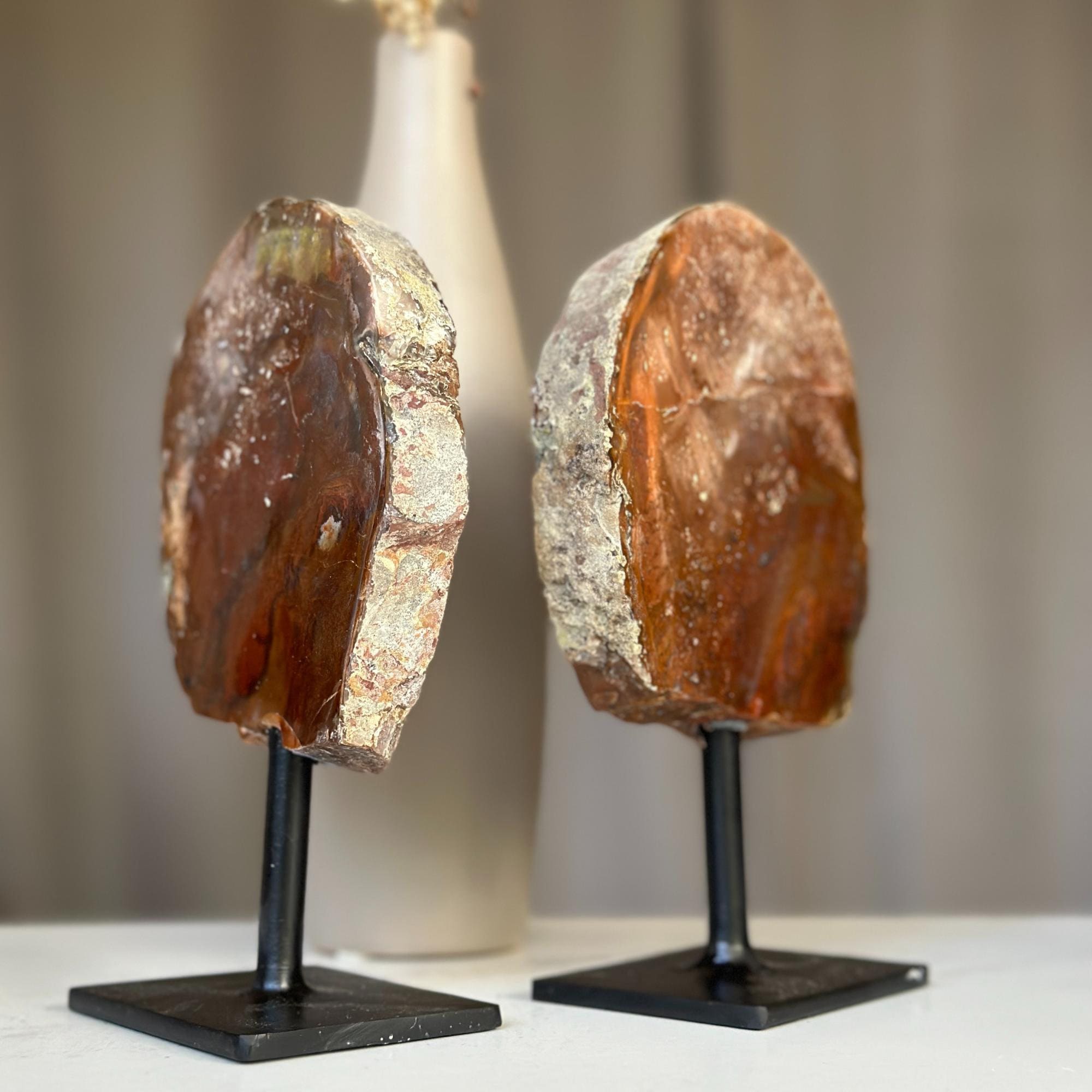 Red Jasper Slice on Stand SET, 7 in Tall Crystals in metallic base, Unique home decoration, rare finds mineral formations | Stalactite Eye Display | Wiccan Center