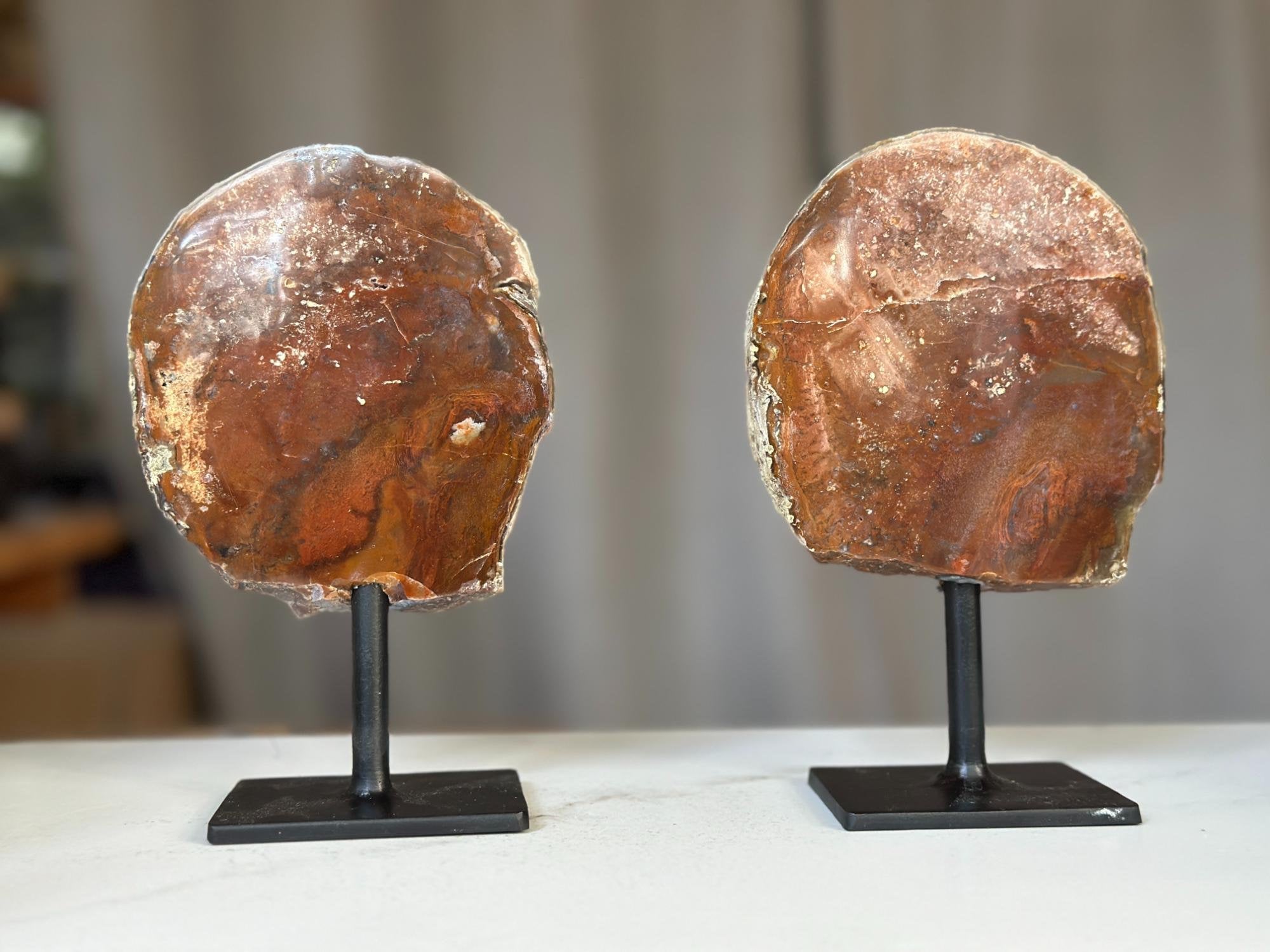 Red Jasper Slice on Stand SET, 7 in Tall Crystals in metallic base, Unique home decoration, rare finds mineral formations | Stalactite Eye Display | Wiccan Center