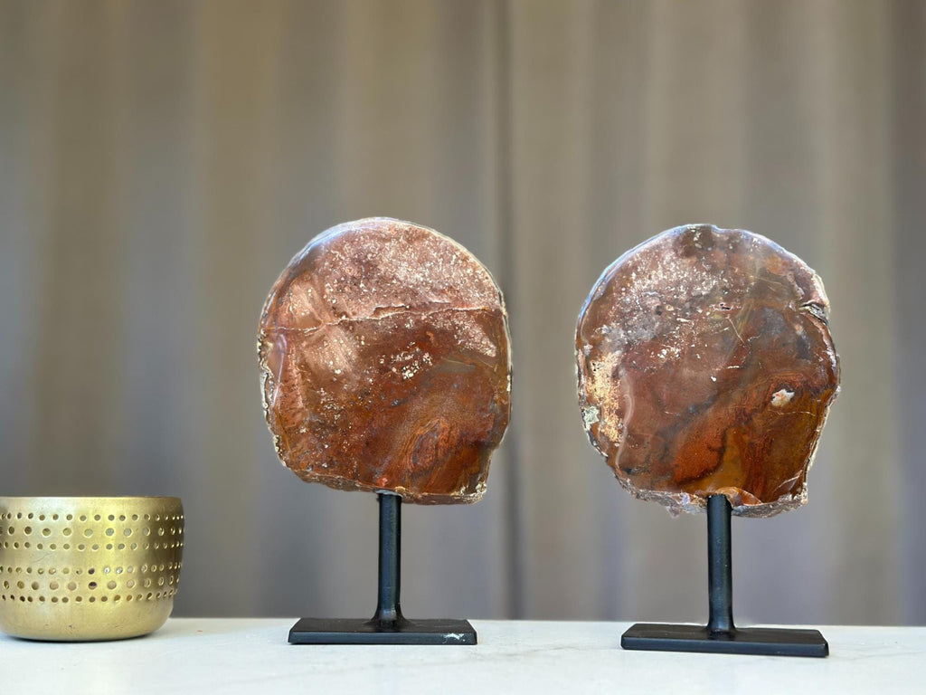 Red Jasper Slice on Stand SET, 7 in Tall Crystals in metallic base, Unique home decoration, rare finds mineral formations | Stalactite Eye Display | Wiccan Center