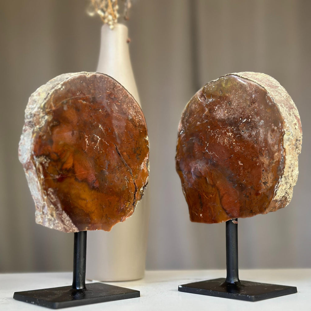 Red Jasper Slice on Stand SET, 7 in Tall Crystals in metallic base, Unique home decoration, rare finds mineral formations | Stalactite Eye Display | Wiccan Center