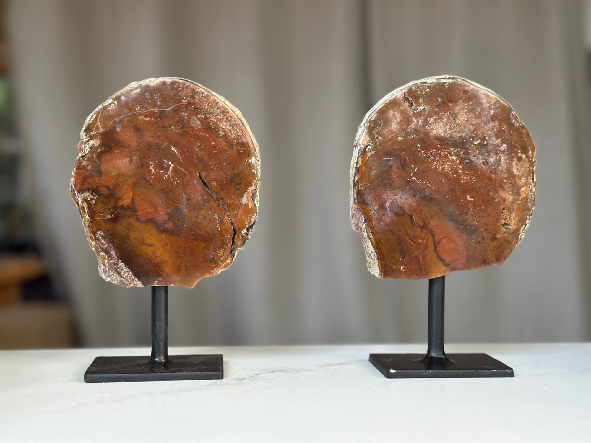 Red Jasper Slice on Stand SET, 7 in Tall Crystals in metallic base, Unique home decoration, rare finds mineral formations | Stalactite Eye Display | Wiccan Center
