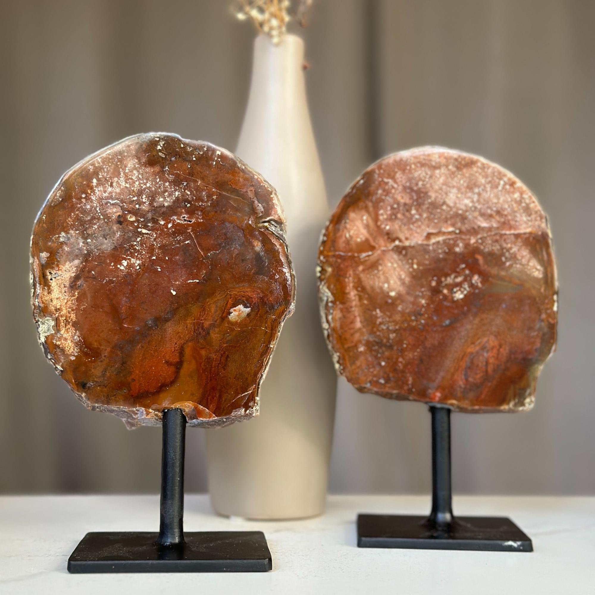 Red Jasper Slice on Stand SET, 7 in Tall Crystals in metallic base, Unique home decoration, rare finds mineral formations | Stalactite Eye Display | Wiccan Center