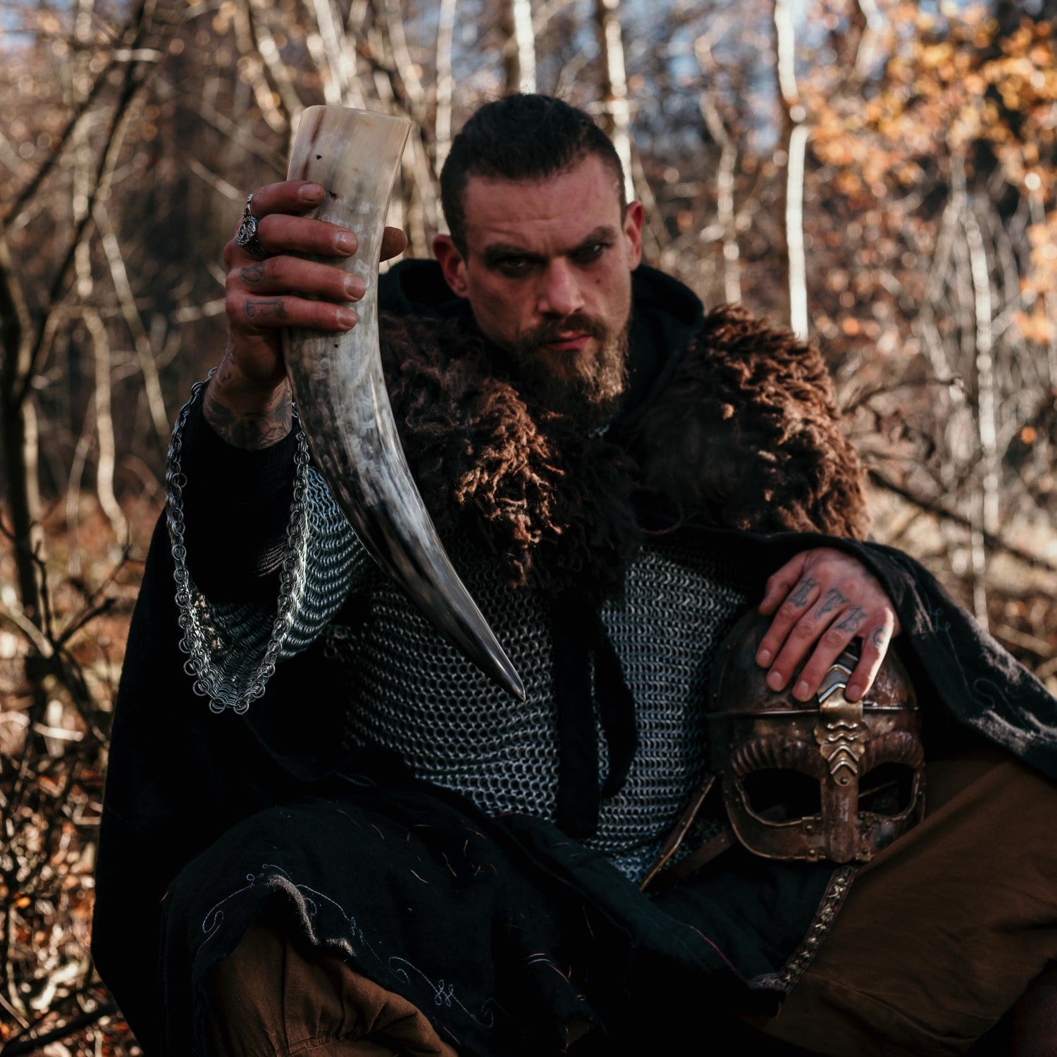 Viking Drinking Horn – Ox Horn with Wooden Stand