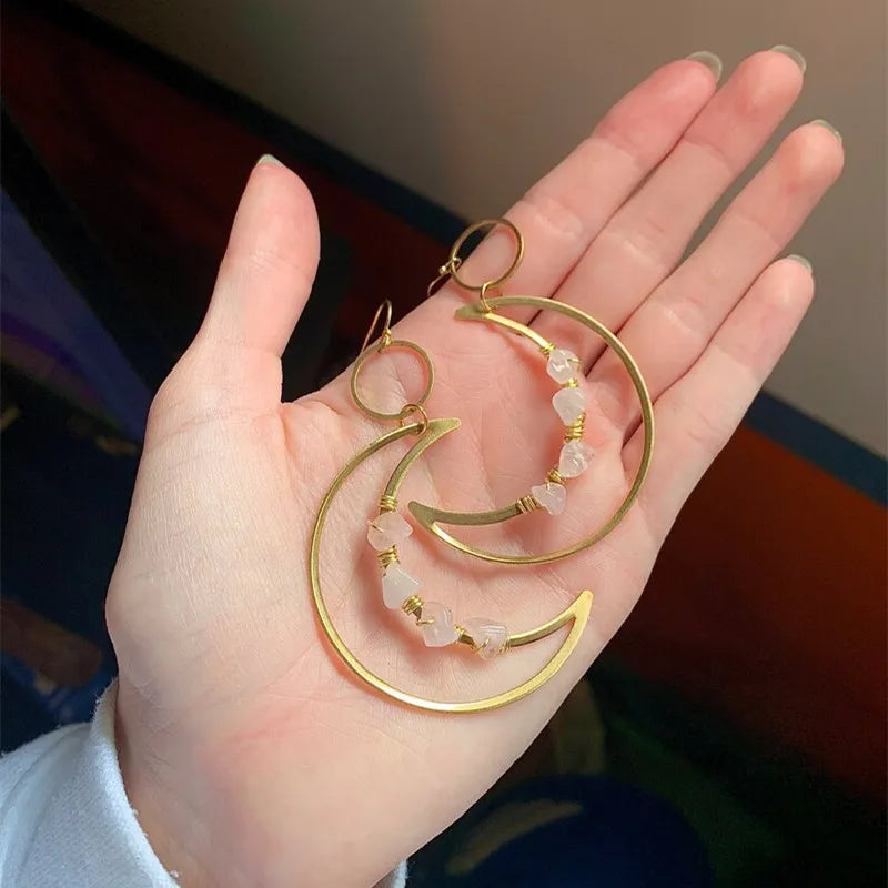 Crescent Moon Crystal Gold Earrings | earrings | Wiccan Center