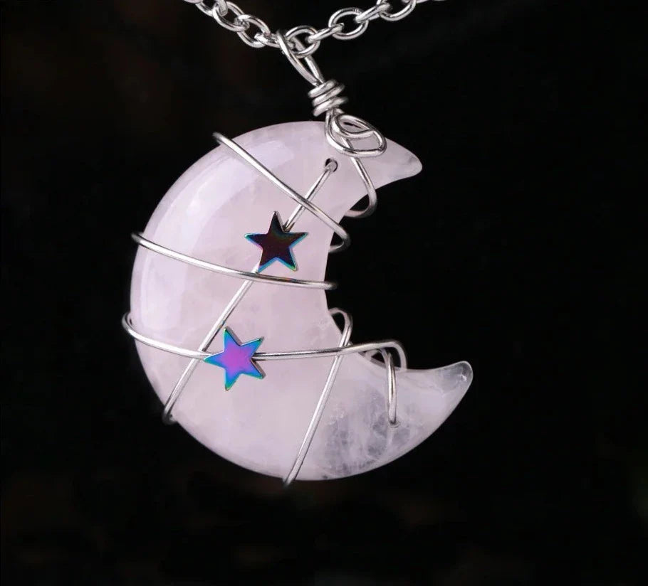 Crystal Crescent Moon and Star Silver Necklace | necklace | Wiccan Center