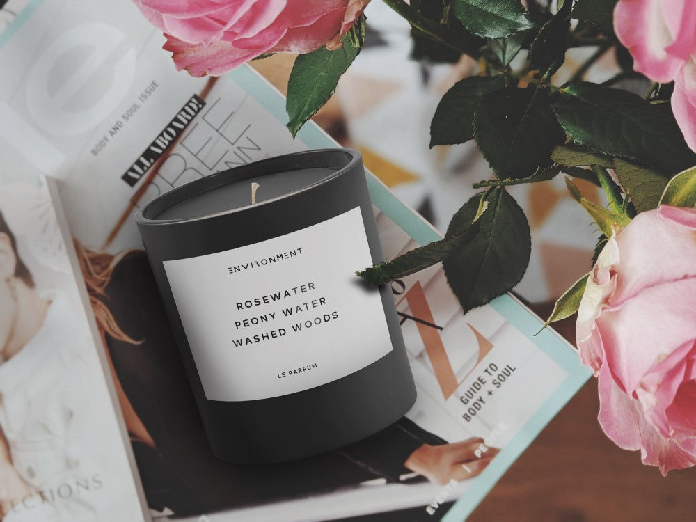 8oz Rosewater | Peony Water | Washed Woods Candle with Lid and Box (Inspired by Issey Miyake L'Eau d'Issey®)
