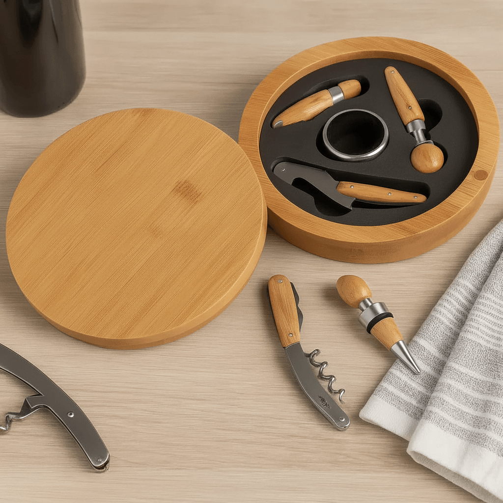 Round Bamboo 4 Piece Wine Tool Set