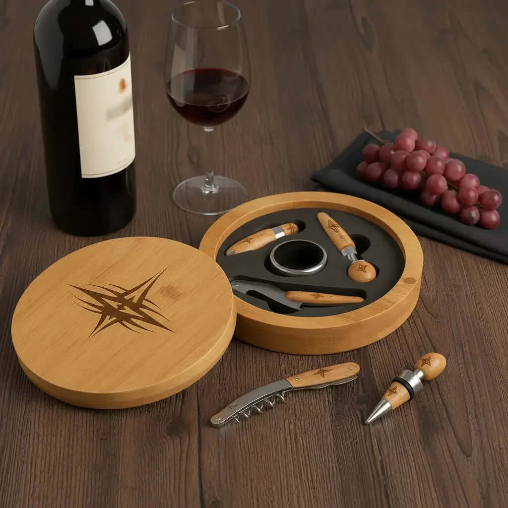 Round Bamboo 4 Piece Wine Tool Set