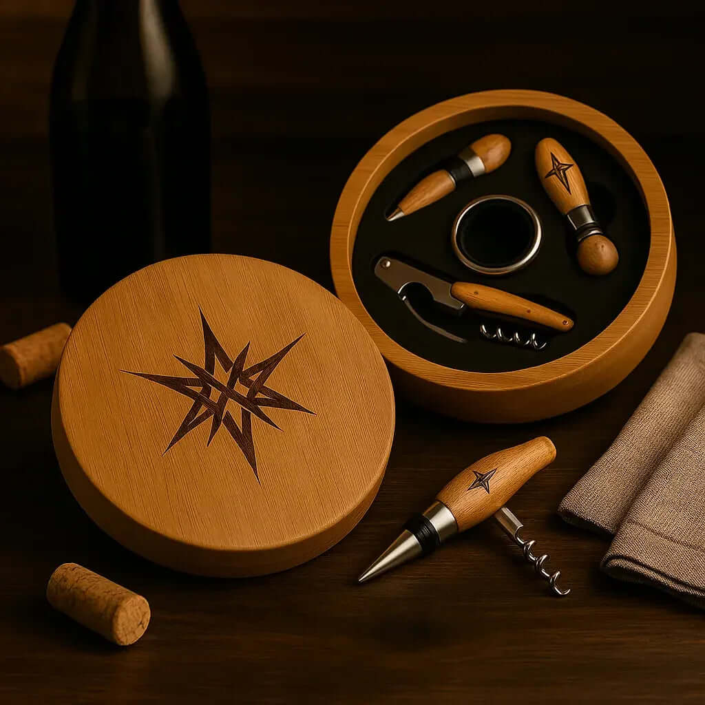Round Bamboo 4 Piece Wine Tool Set