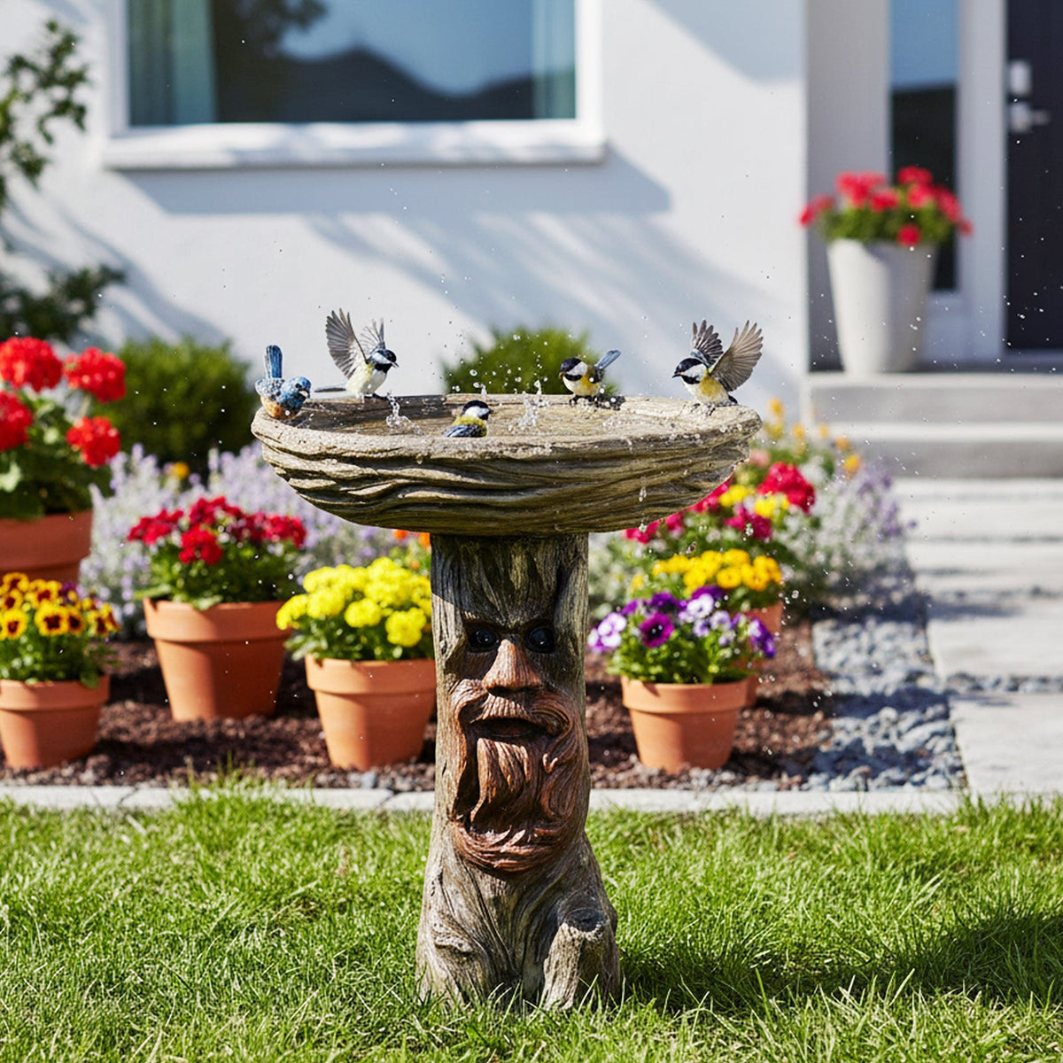 Concrete Stone Bird Bath Old Man Tree Face 23 Inch