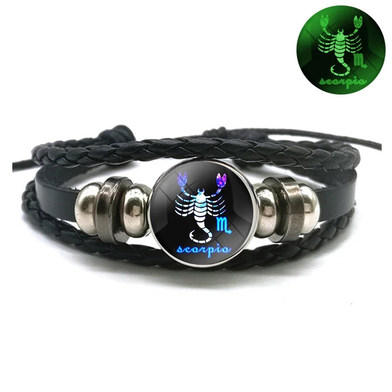 Birthday Present 12 Constellation Luminous Bracelet Leather Bracelet Zodiac Charm Bracelet for Men Women