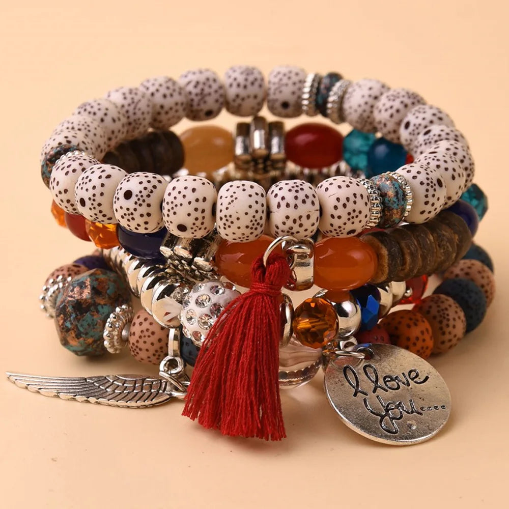 4Pcs/Set Fashion Crystal Stone Beads Chain Bracelet Set For Women I Love You Feather Tassel Charm Elastic Bangle Female Jewelry