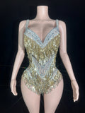 The Stardust Illusion Tassel Bodysuit – Luxury Rhinestone Long-Sleeve Showgirl Costume