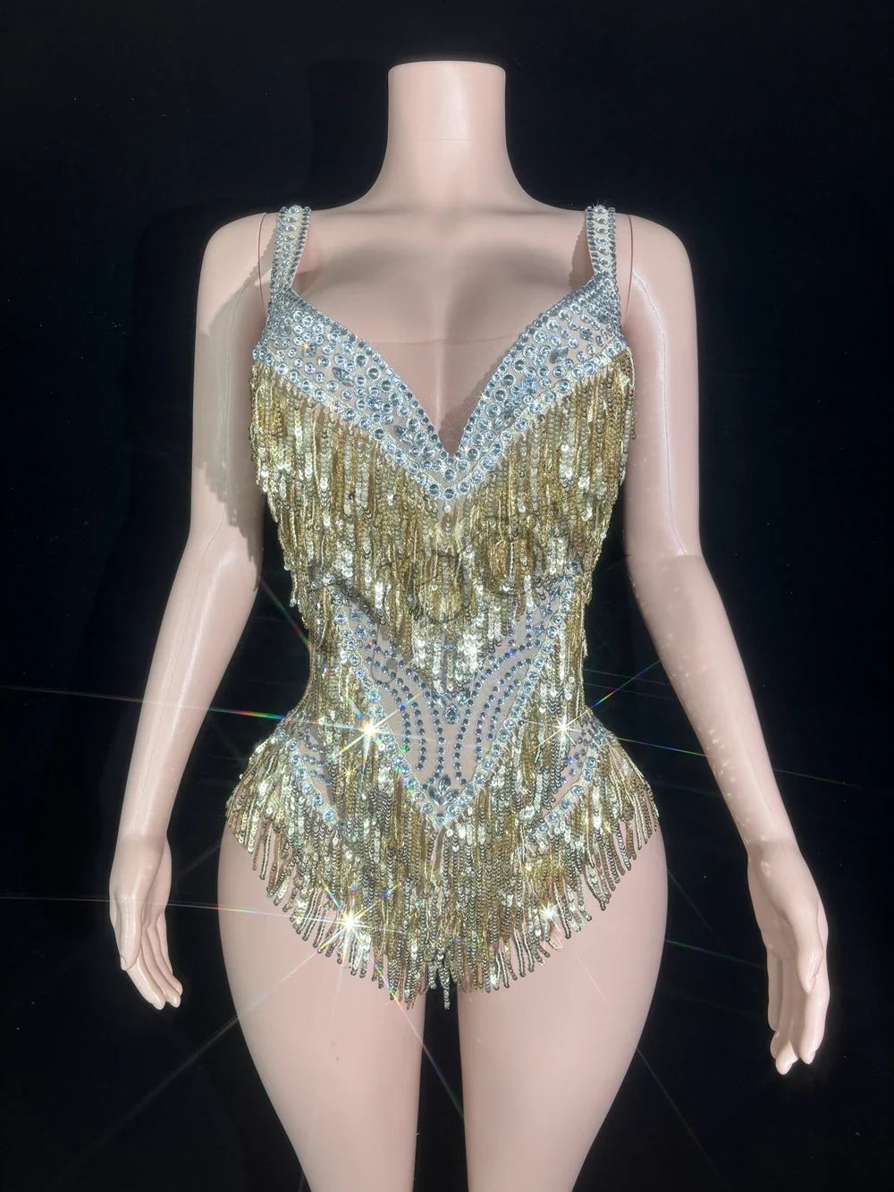 The Stardust Illusion Tassel Bodysuit – Luxury Rhinestone Long-Sleeve Showgirl Costume