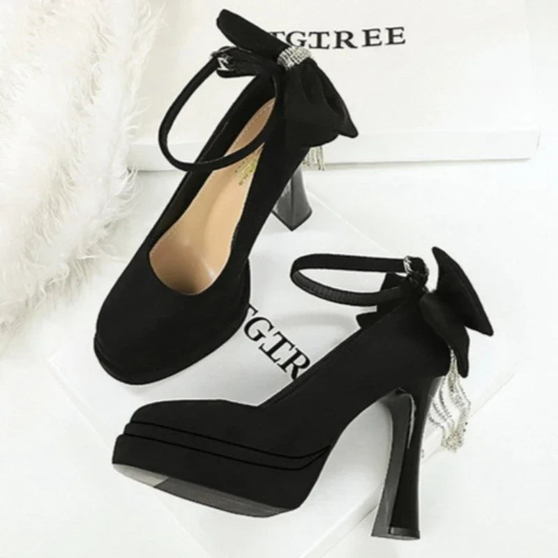 BIGTREE Women's Pointed Toe High Heels Back Bowknot Elegant Flock Ankle Strap Pumps for Women Black Dress Shoe Wedding Party | | Wiccan Center