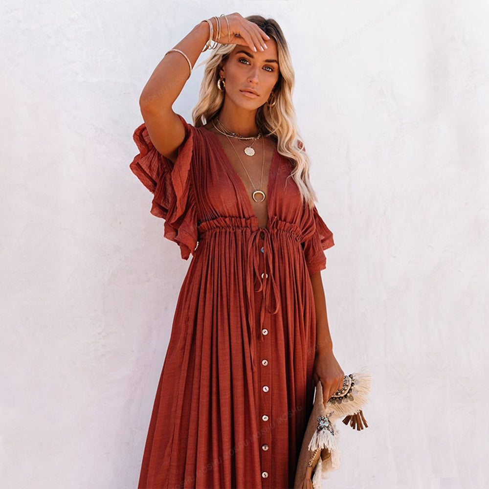 Summer Beach Maxi Dress Women Boho Long Bikini Cover Up High Waist Casual V-Neck Dresses | Dresses | Wiccan Center