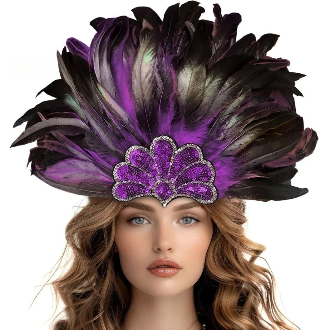 Mardi Gras Feather Crown Headband for Women | Glitter Sequin Carnival Hair Accessory | Headpiece | Wiccan Center